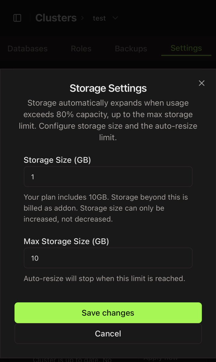 dkapanidis's tweet photo. Just implemented auto-resize of the storage for our #postgres clusters.
When reaching 80% the storage is resized up to the max storage configured without any downtimes. Cluster plans include initial storage with storage addon for further GBs.

#BuildInPublic https://t.co/3RVmtebyCH