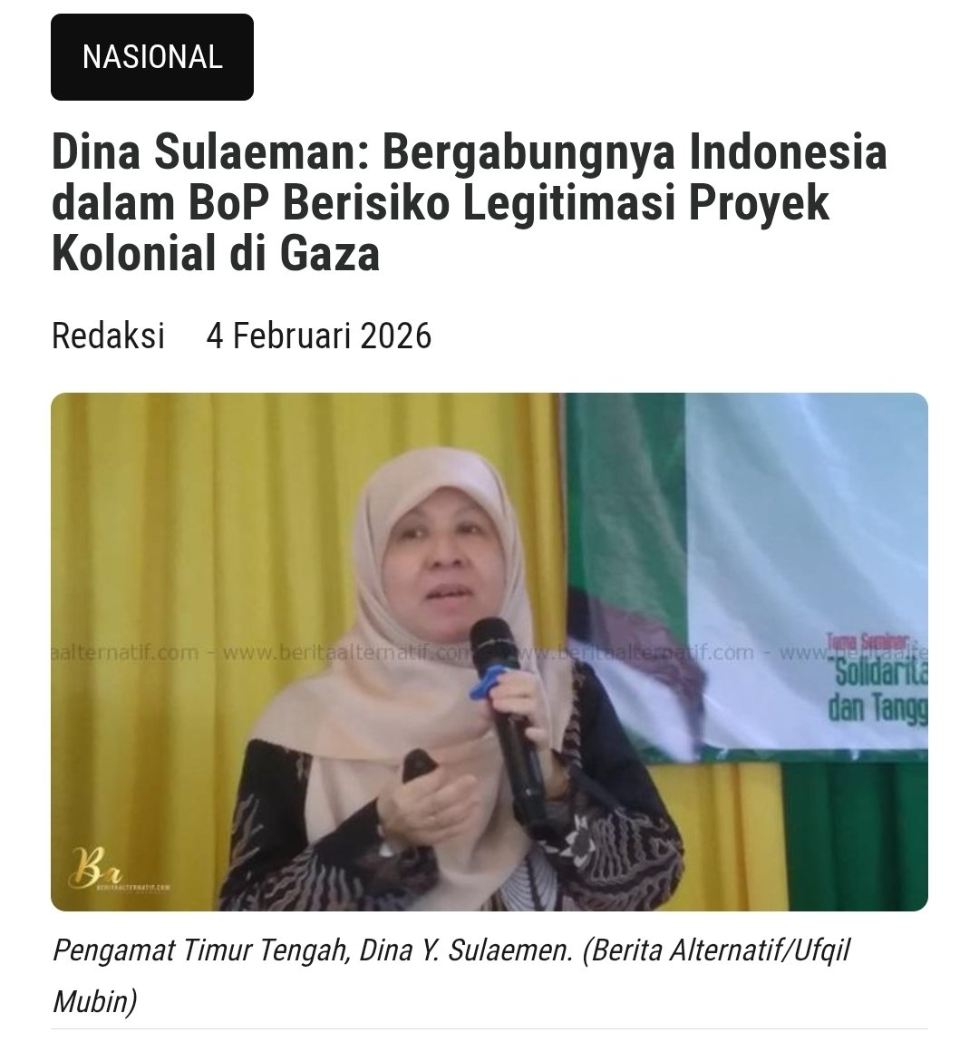 Pengamat Timur Tengah, Dr. Dina Y. Sulaeman, menilai BoP sejak awal tidak dirancang untuk menciptakan keadilan dan perdamaian bagi bangsa Palestina, melainkan justru berpotensi menormalisasi penjajahan Israel atas Gaza.

beritaalternatif.com/dina-sulaeman-…