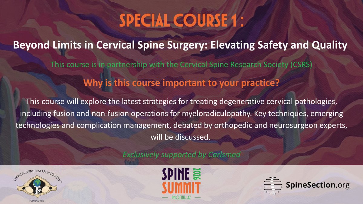 andrewchanMD's tweet photo. Special Course 1: Beyond Limits in Cervical Spine Surgery

Join me to explore cutting-edge cervical spine techniques—from fusion and non-fusion strategies to augmented reality and robotics. 

Elevate safety and minimize complications through expert debates and practical insights with @CSRS_org at the 2026 #SpineSummit: https://t.co/wDdL3fqzao 

@spinesection 
@RoryMurphy16
