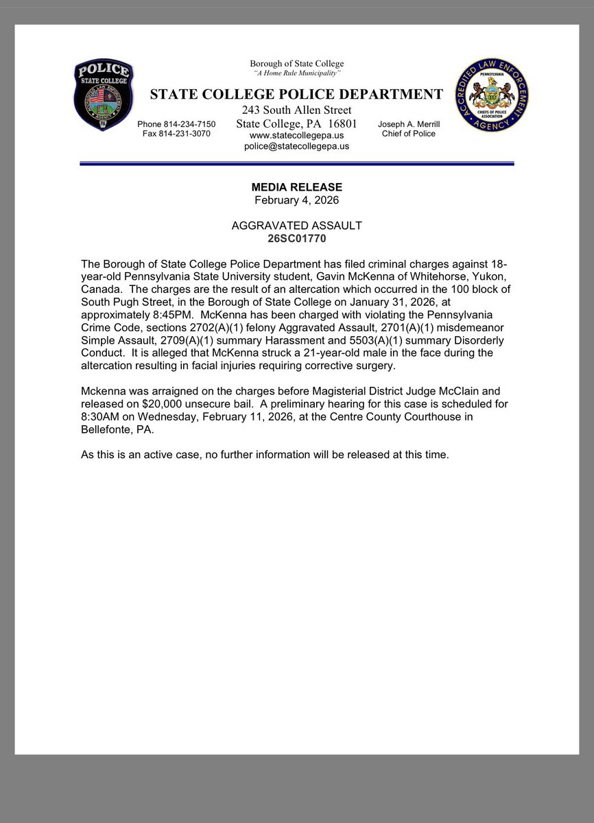 EvanRGSmith's tweet image. State College Police Department releases statement on Gavin McKenna