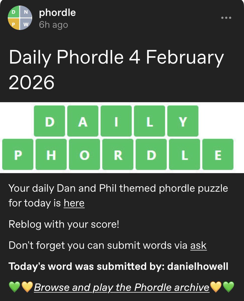 danandphilposts's tweet image. today's daily phordle was submitted by danielhowell! 
from phordle (tumblr: tumblr.com/phordle/807650…)