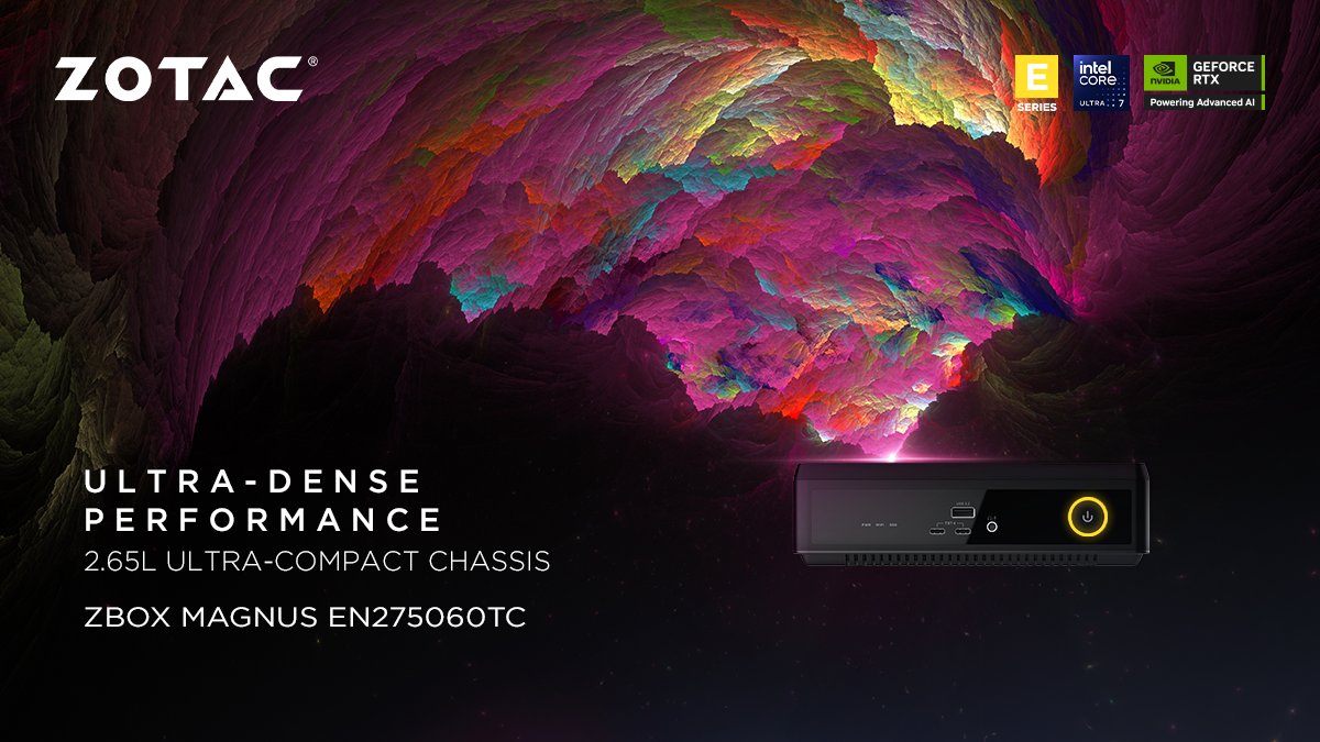 ZOTAC's tweet photo. Beyond wonders.
The MAGNUS EN275060TC is equipped with a full-fledged desktop GeForce RTX 5060 Ti 16GB graphics card inside an ultra-compact 2.65L chassis.
#ZOTAC #ZBOX #EN275060TC #MiniPC https://t.co/KjwwsUDv3P