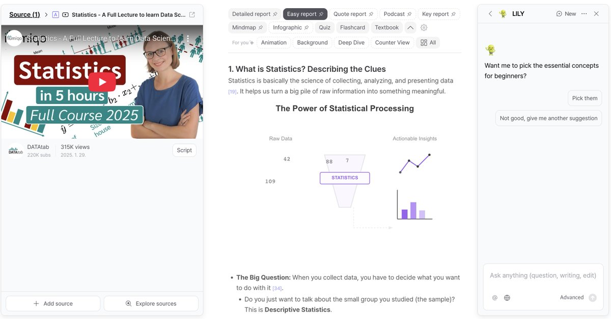 A great starting point for learning statistics the right way for data science. 

The full 5-hour lecture, in note form 👉 lilys.ai/digest/8014258…