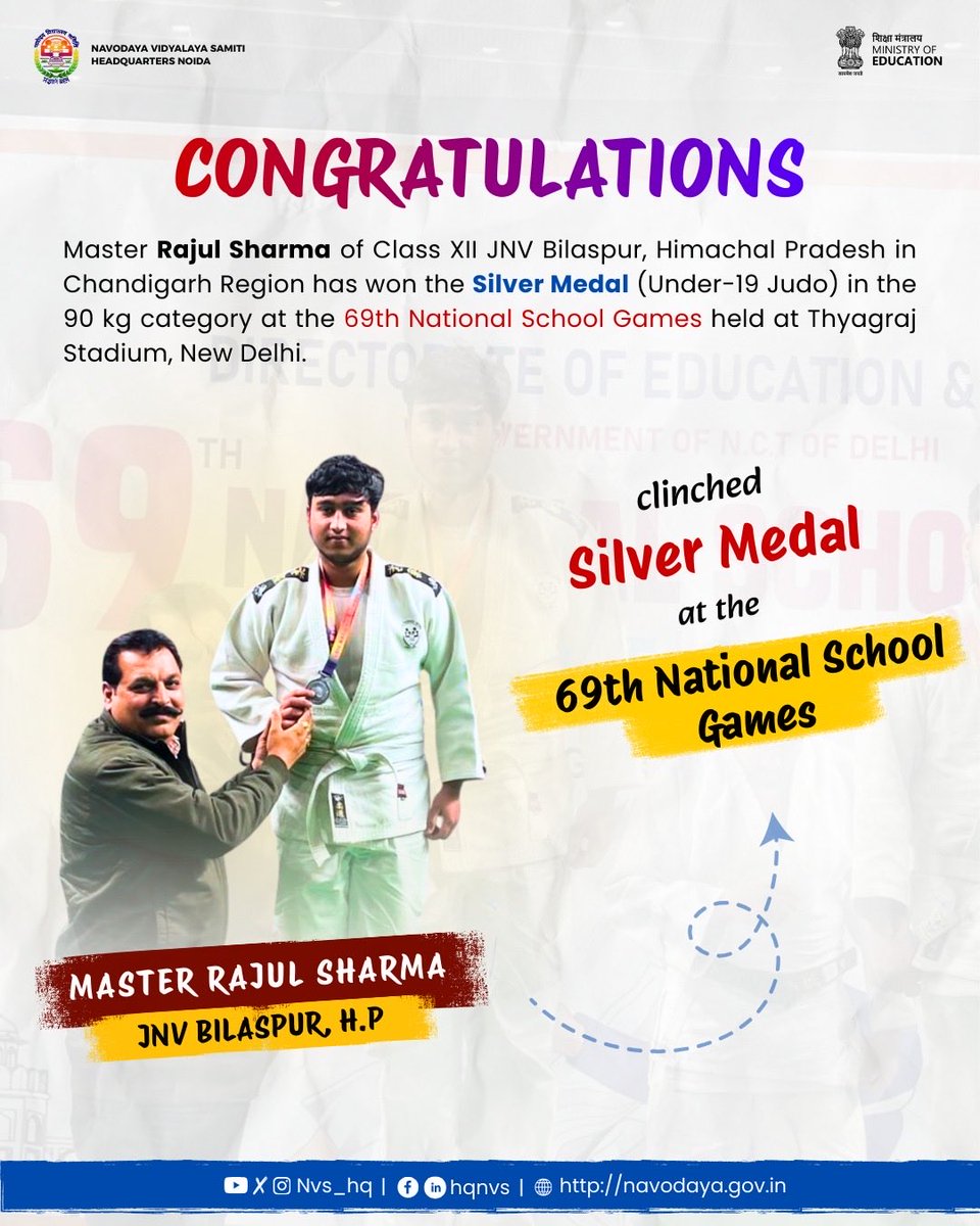 Proud Moment!

Master Rajul Sharma (Class XII, JNV Bilaspur, HP) won Silver in U-19 Judo (90 kg) at the 69th National School Games held in New Delhi, bringing pride to the Navodaya family.

#NavodayaSuccessStory #JNV #NVS