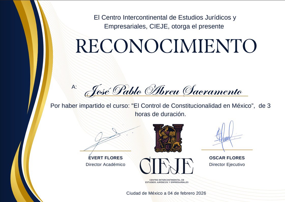 Expresamos nuestro más sincero agradecimiento al Dr. José Pablo Abreu Sacramento por la magistral sesión que nos brindó hoy sobre el Control de Constitucionalidad en México. ⚖️✨

Su profundo conocimiento como Exmagistrado del TSJEY y su claridad académica como Doctor en Derecho