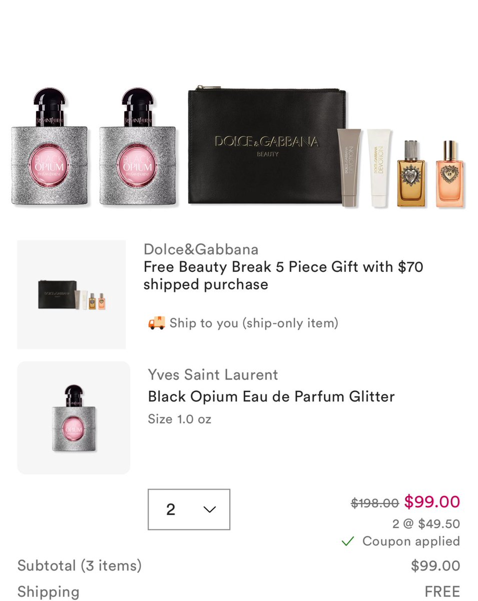 glitchaddicts's tweet photo. 2 FOR 1 YSL PERFUME 

Add two YSL perfumes with link below to cart and use code “616876” 

https://t.co/oqPlQhr3e4

Add link below to your cart for a FREE dolce &amp; Gabana set 

https://t.co/4YnBs7gHZg

Total should come out to the price of 1 perfume https://t.co/89njn5KDez