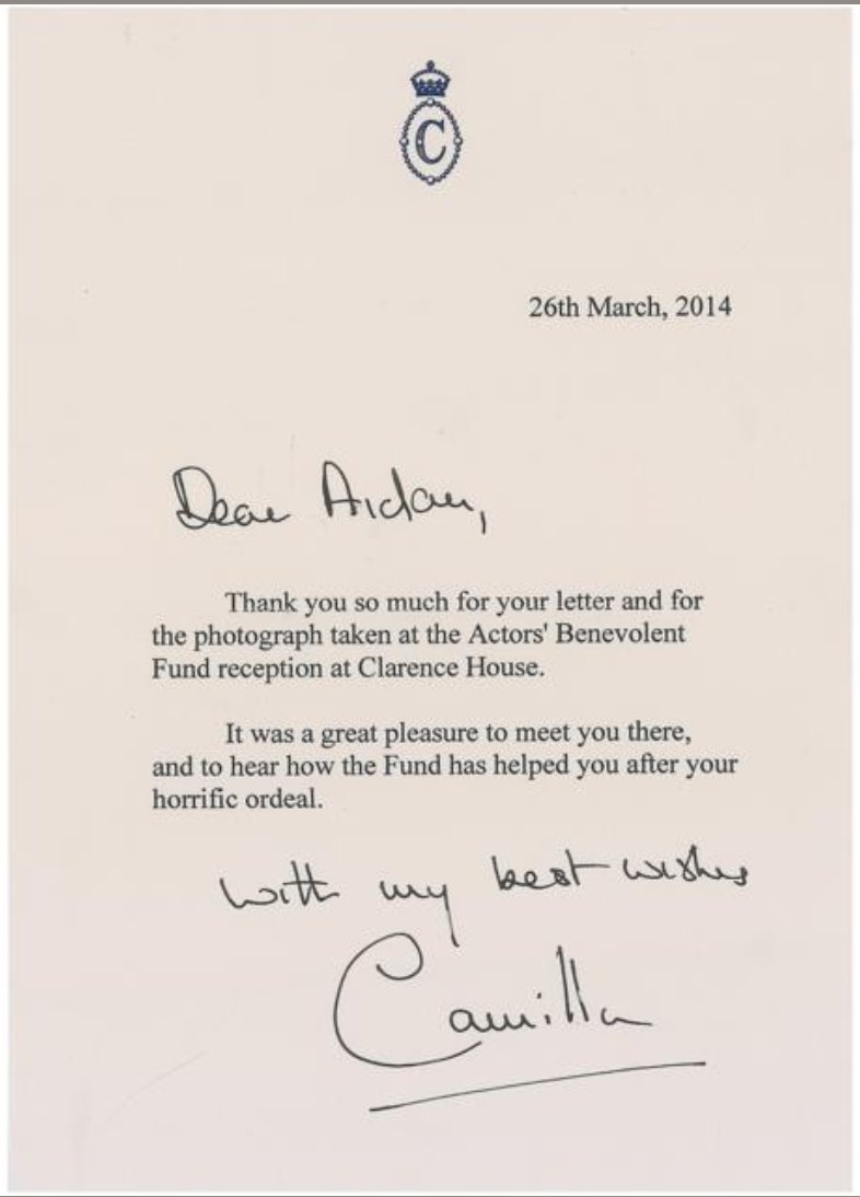 RealRoyalMail's tweet photo. "It was a great pleasure...to hear how the Fund has helped you after your horrific ordeal"- 2007 letter of Camilla, then Duchess of Cornwall, maybe to actor Aidan Harrington (1928-2017). The Actors' Benevolent Fund has been renamed recently. https://t.co/smYX5lxrM9 https://t.co/gWa9f9gPyf