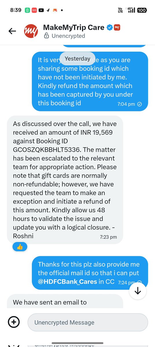 imsofi07's tweet photo. The issue of refund as @makemytripcare has confirmed the amount is with them @HDFCBank_Cares @HDFC_Bank why are you taking so long to process the refund. Sharing details of @makemytripcare with you. https://t.co/HaYWAWuosf