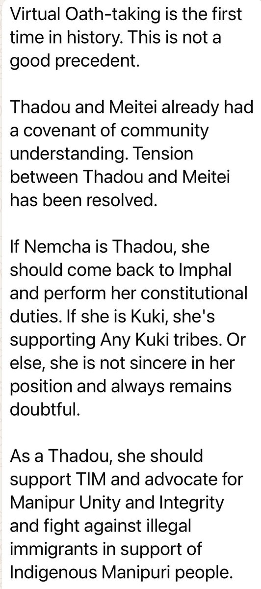 There no Kuki IDPs in Manipur 

For us Meiteis, clarity &amp; loyalty to Manipur are non‑negotiable. In times like this, every leader must stand with the land &amp;  people openly, fearlessly, &amp; without divided intentions. Manipur’s unity and integrity come before every other identity.”