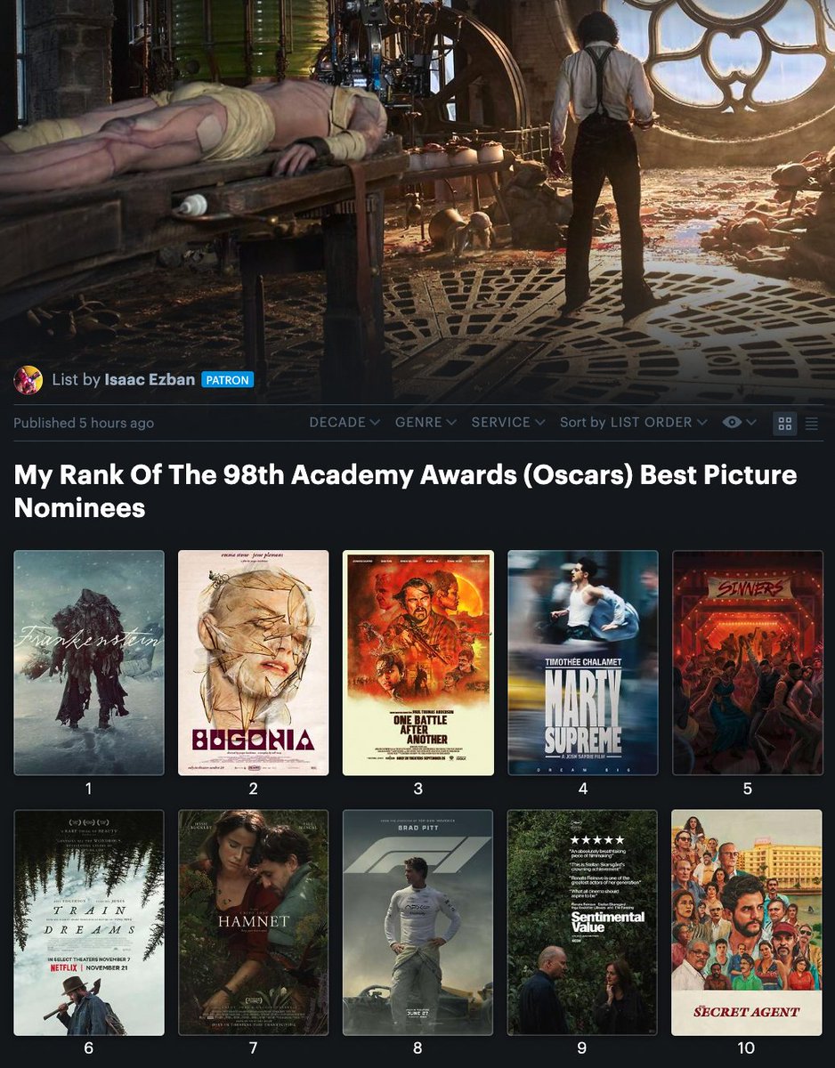 IsaacEzban's tweet image. Celebrating the Oscar Nominations, and still following up with my lists from 2025, this week on #ListOfTheWeek # 301, MY OSCAR NOMINEES FOR BEST PICTURE - RANKED!!!!

This was definitely a great year for movies, and a very strong category at the Oscars: Just 7 our of this 10