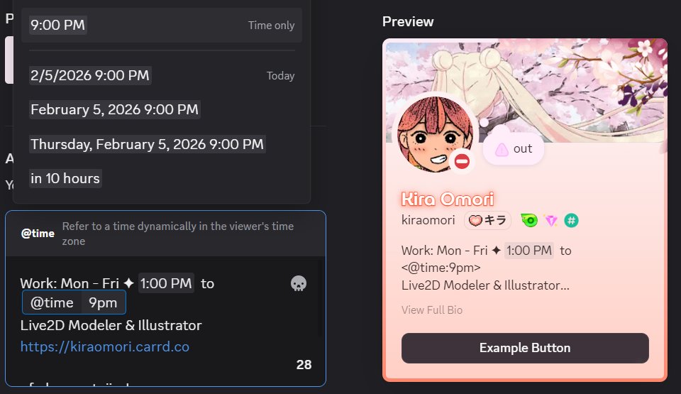 I didn't know the time command thingy works on discord bios!

Very useful for showing work hours, especially since I deal with int'l clients :D