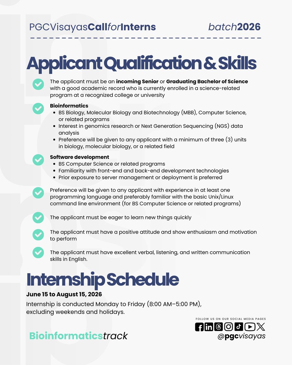 pgcvisayas's tweet photo. CALL FOR INTERNS — BIOINFORMATICS TRACK!
Application Deadline:
March 6, 2026 (Friday)

Apply here:
https://t.co/AyEJMCyenm

#BioinformaticsInternship #PGCVisayas https://t.co/1Db9Vo8KXl