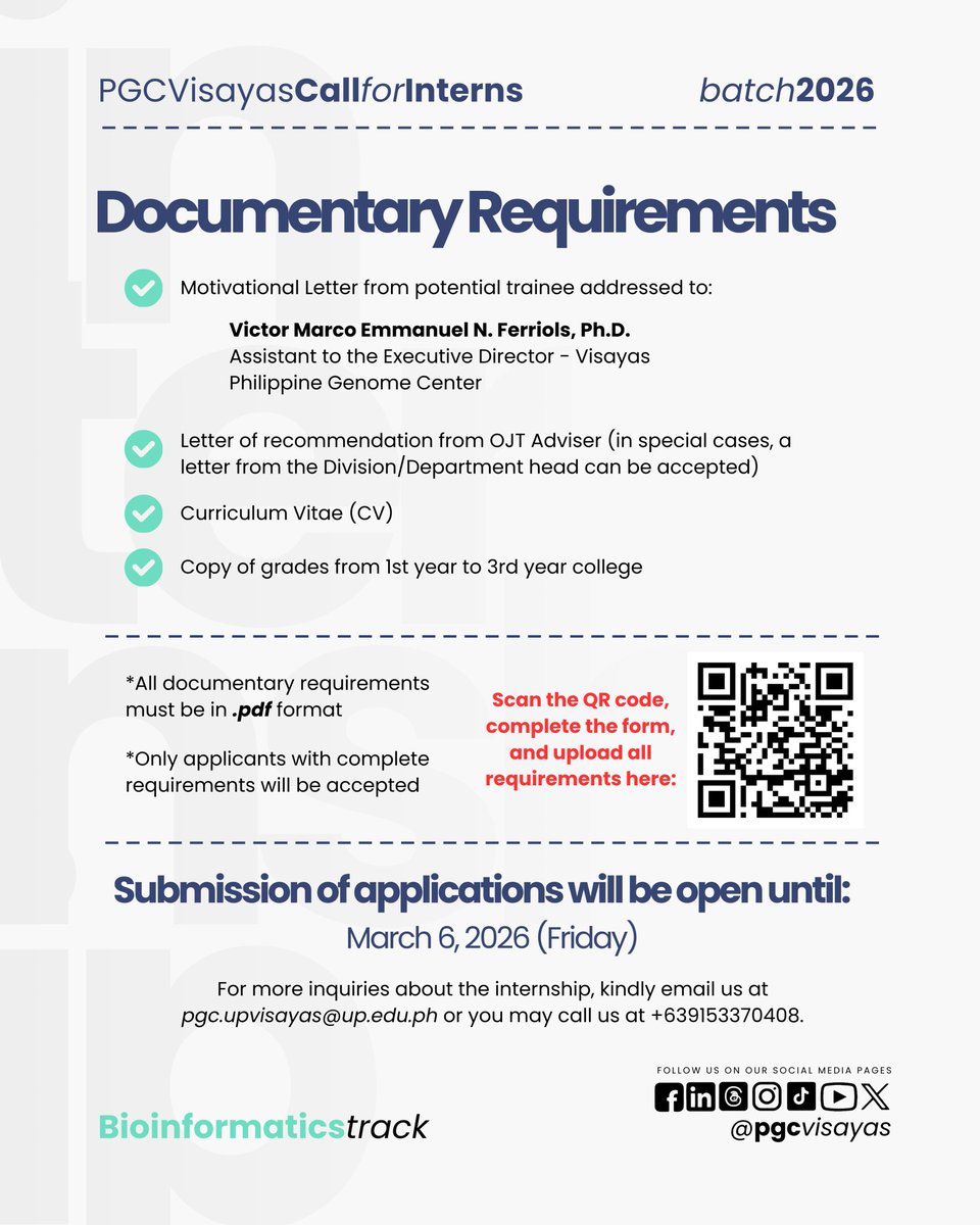 pgcvisayas's tweet photo. CALL FOR INTERNS — BIOINFORMATICS TRACK!
Application Deadline:
March 6, 2026 (Friday)

Apply here:
https://t.co/AyEJMCyenm

#BioinformaticsInternship #PGCVisayas https://t.co/1Db9Vo8KXl