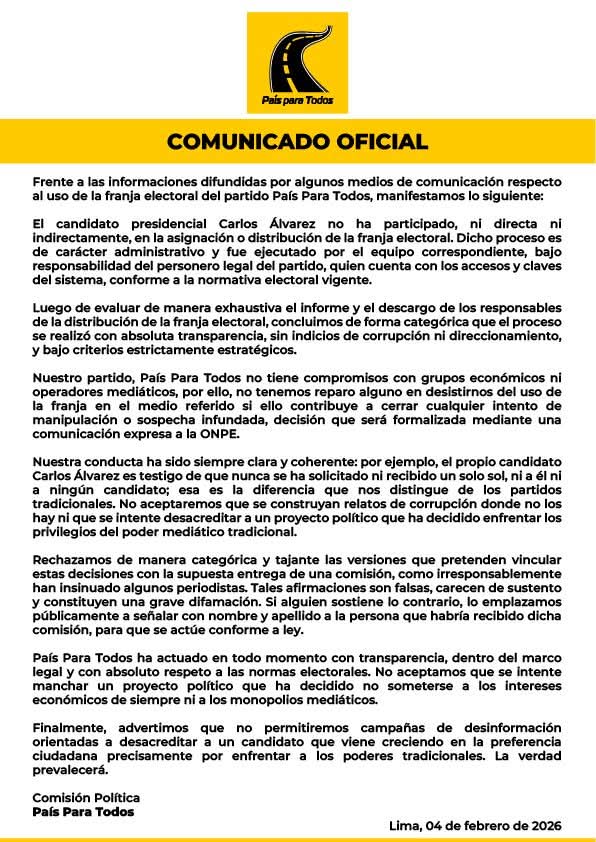 Luego de este comunicado de País Para Todos, Carlos Álvarez y todos los que firmaron la carta emplazando al partido, solo les queda la RENUNCIA a sus candidaturas a la presidencia y al Congreso.