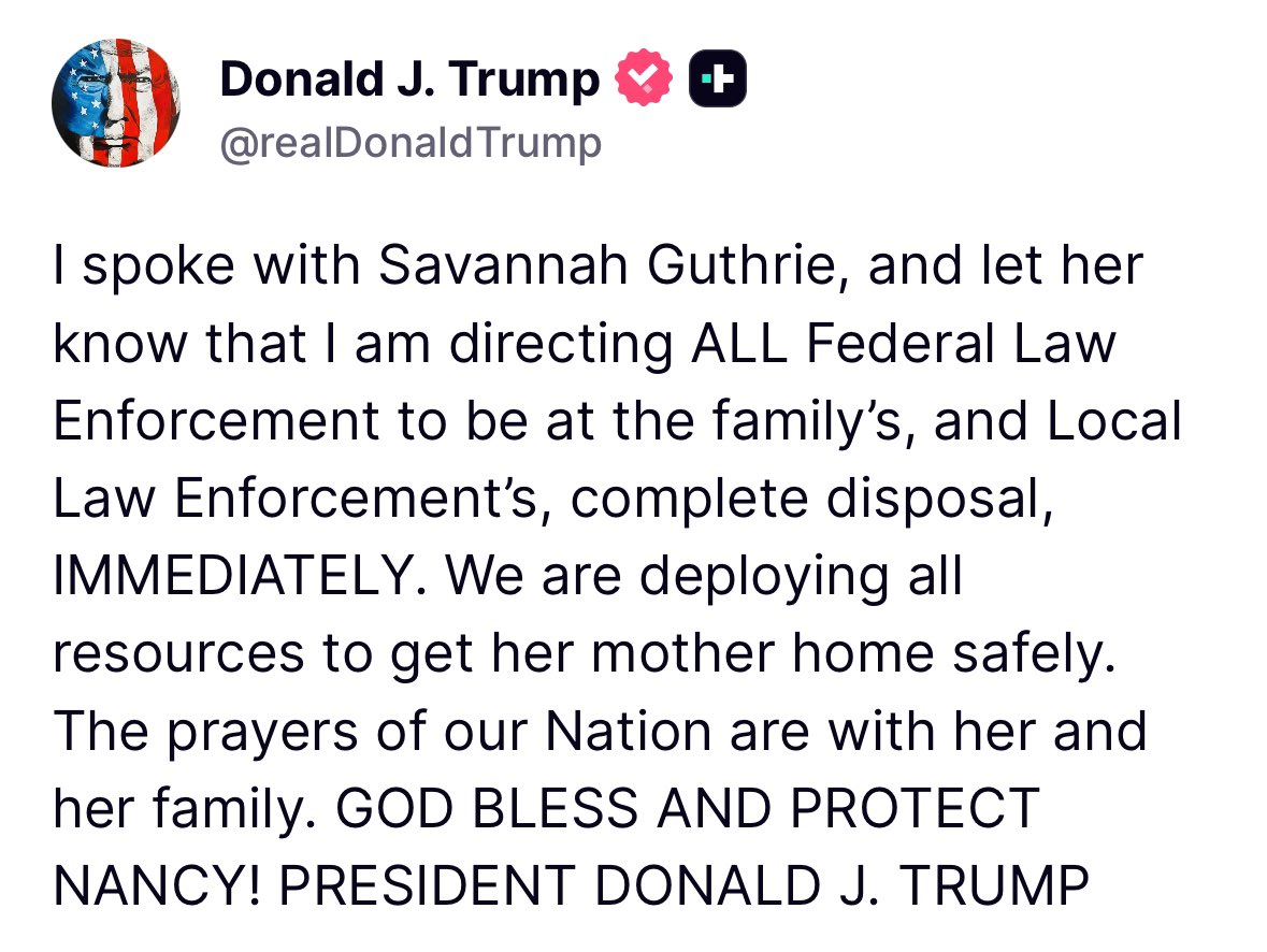 TaraBull's tweet image. President Trump Vows to Use All Federal Law Enforcement to Bring NBC Journalist Savannah Guthrie’s Mom Home