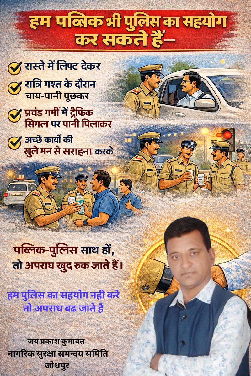 पब्लिक पुलिस में आपसी समन्वय हम आमजन मिलकर भी स्थापित कर सकते हैं।
आइये हम सब मिलकर पुलिस का सहयोग करे।
<a href="/PoliceRajasthan/">Rajasthan Police</a> <a href="/CP_Jodhpur/">Jodhpur Police</a> <a href="/RajCMO/">CMO Rajasthan</a> <a href="/Rajeev_ips/">Rajeev Sharma IPS</a>