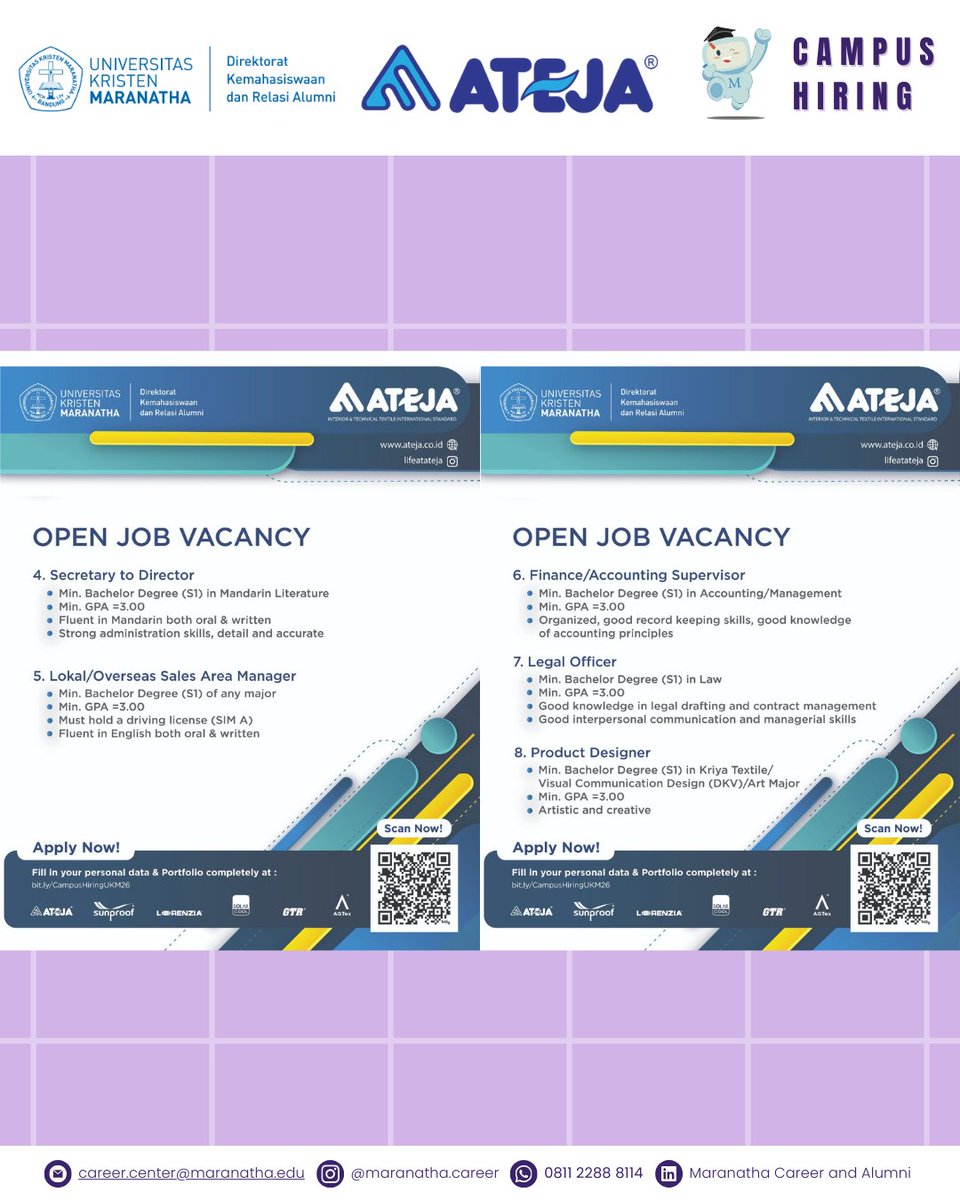 ✨Campus Hiring PT. Ateja Tritunggal x UK. MARANATHA ✨  

📆 19 February 2026
⏰ 08:00 - 16:00 WIB 

🔗 bit.ly/CampusHiringUK…

📌 Prepare your best CV and be part of our team! 
⚠️ Only candidates who pass the CV screening will be invited to take the psychological test.