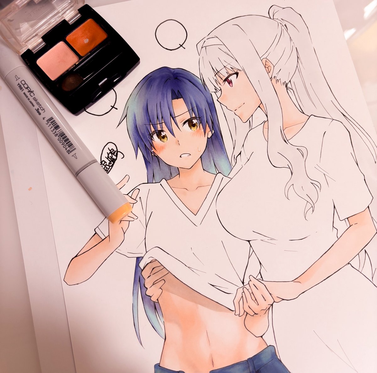 如月千早 ,四条貴音 「原画イラストを見たフォロワーより。 Q:銀の鶴さんってアナログ絵で頬染とか肌色の」|銀の鶴@パスタ会/あけぼの12のイラスト
