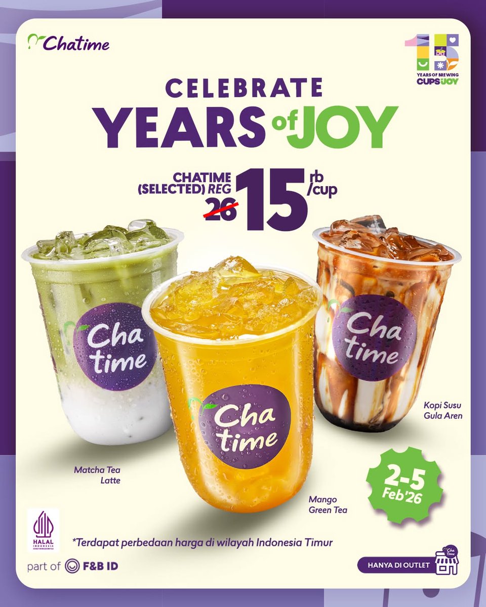 Senin emang suka gitu ya…
datangnya cepet, capeknya dobel 😮‍💨

Untung ada Promo Special Chatime 15th 💖
Kopi Susu Gula Aren, Mango Green Tea, atau Matcha Tea Latte cuma 15RB BESOK!

Promo cuma dari tanggal 2-5 Feb 2026, siap-siap meluncur ke Chatime Plaza Bintaro Jaya lantai 1!