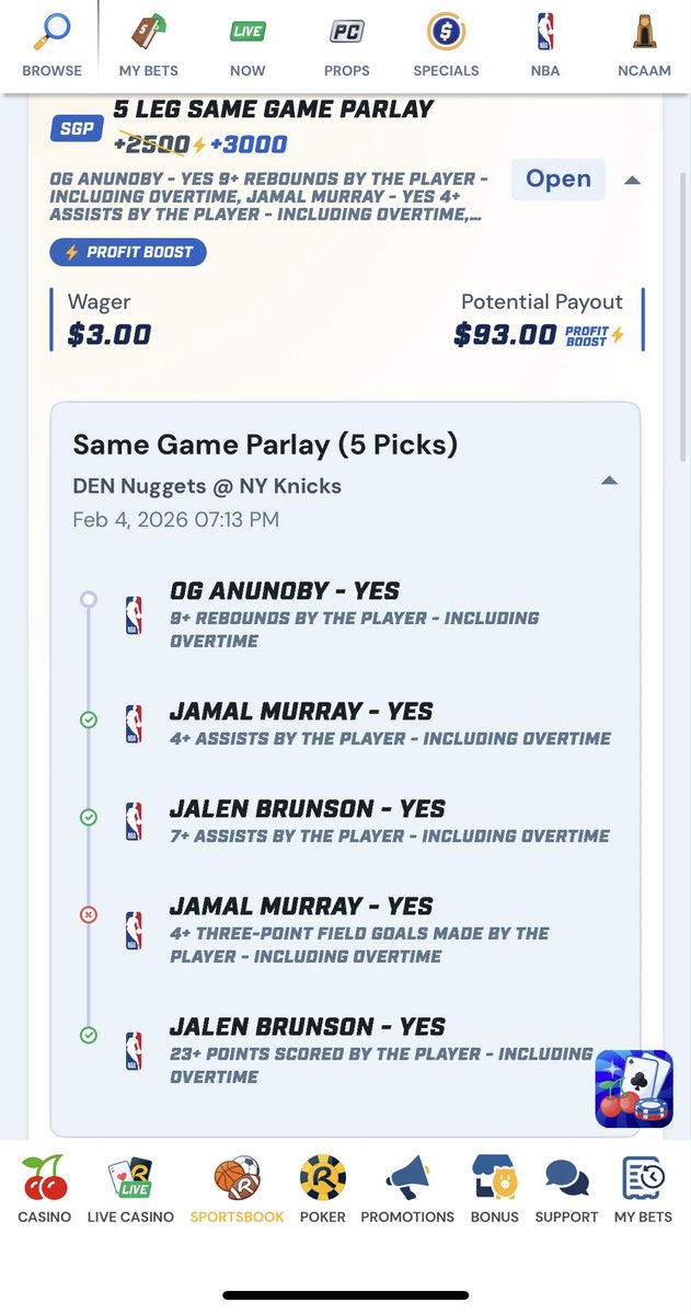 Another winning ticket on the Denver vs Knicks game . 6 Leg $5 —> $125 … and had ANOTHER 5 leg in that ALMOST won … Jamal Murray needed 1 3 pointer in the last 4 minutes of the 4th AND 2 OT’s didn’t get it … also OG needed 1 MORE rebound in the same amount of time .. ALL good