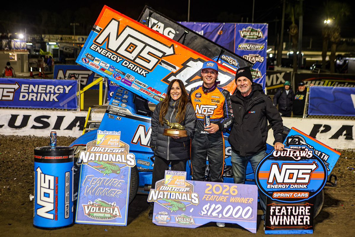 WorldofOutlaws's tweet photo. The decision to bring @SpencerBayston aboard immediately pays off.

Richard @RacingMarshall &amp; Jennifer @MarshallRacing_ celebrate with their new driver after the season opening victory!

We hope word traveled fast to @StenhouseJr up at @BGSRacing 😉 https://t.co/5n8J9PHXOR