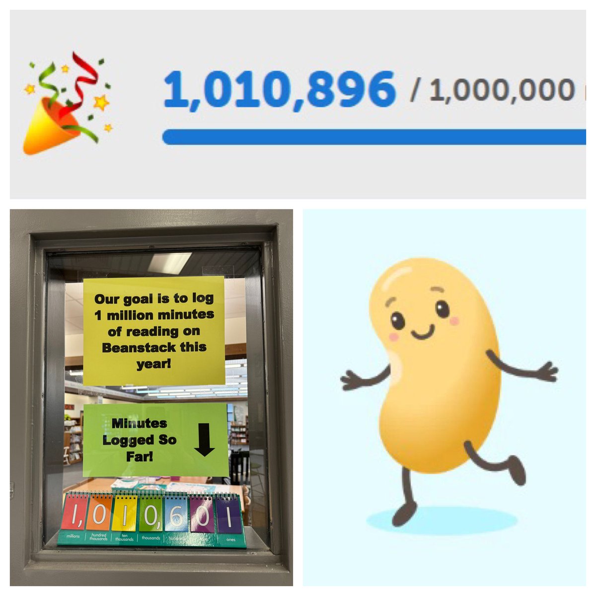 DCMSMediaCenter's tweet photo. I am super excited to be able to announce that we surpassed our 1-million-minute reading goal on #Beanstack in only 6 months! 🙌 Stay tuned for details on how we will celebrate! 🎉 Time to do a happy dance! @DutchmanCreekMS @zoobeanreads #MakingReadingTracks #ReadersAreLeaders https://t.co/463mkBep8o