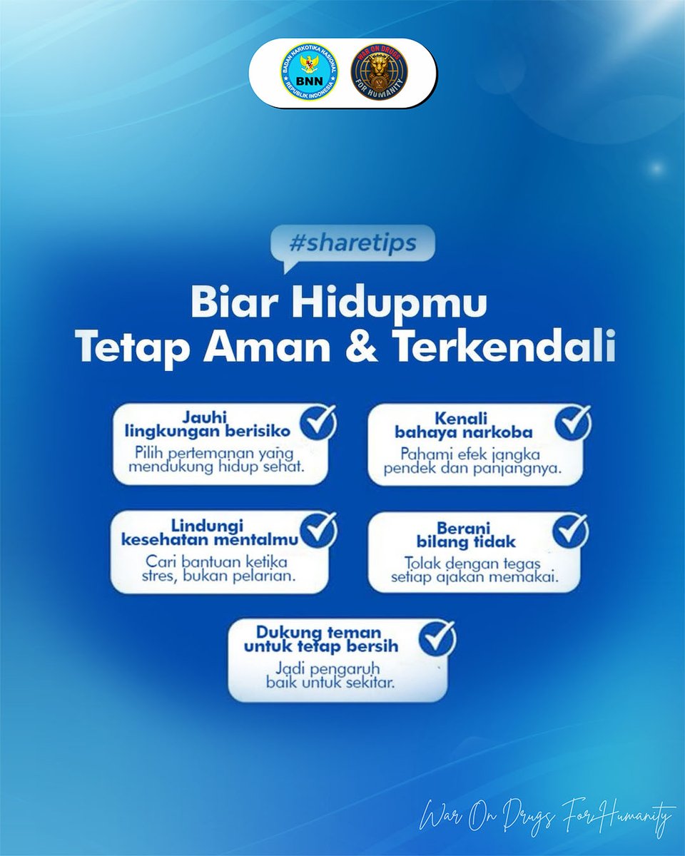 bnnktpi's tweet photo. Pilihan hari ini menentukan masa depanmu, biar hidupmu tetap aman &amp; terkendali

Tetap waspada, tetap sehat, dan katakan TIDAK pada narkoba ✨
Yuk mulai dari langkah sederhana 💙

#bnn #cegahnarkoba #deputibidangpencegahan #pencegahan #WarOnDrugsForHumanity https://t.co/r7FmeElnWN