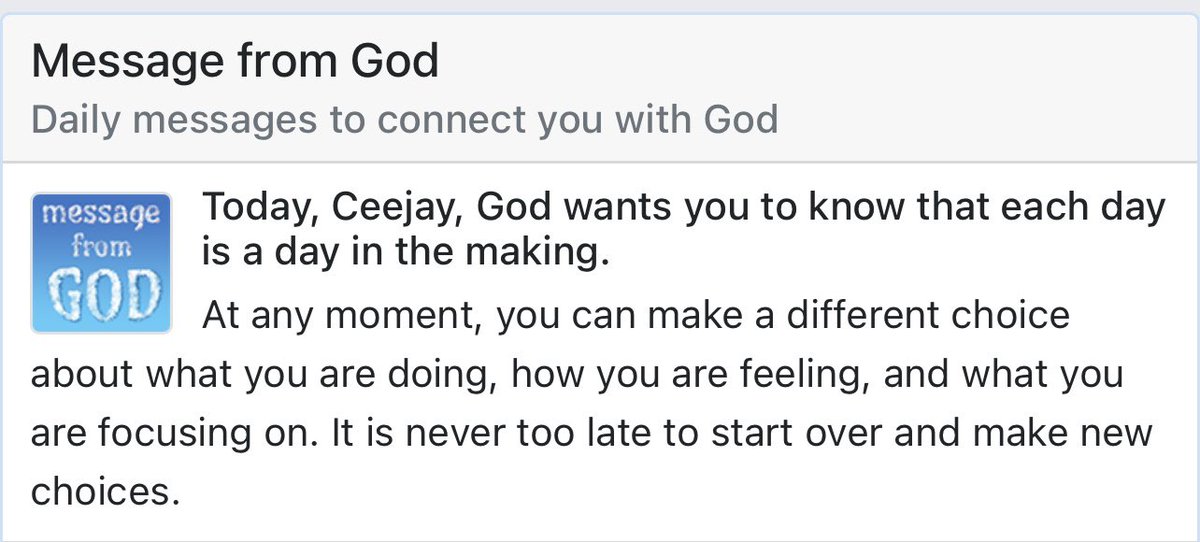 CeejayGuese's tweet photo. Today, Ceejay, God wants you to know that each day is a day in the making.
At any moment, you can make a different choice about what you are doing, how you are feeling, and what you are focusing on. It is never too late to start over and make new choices. https://t.co/p9niaZ4Des