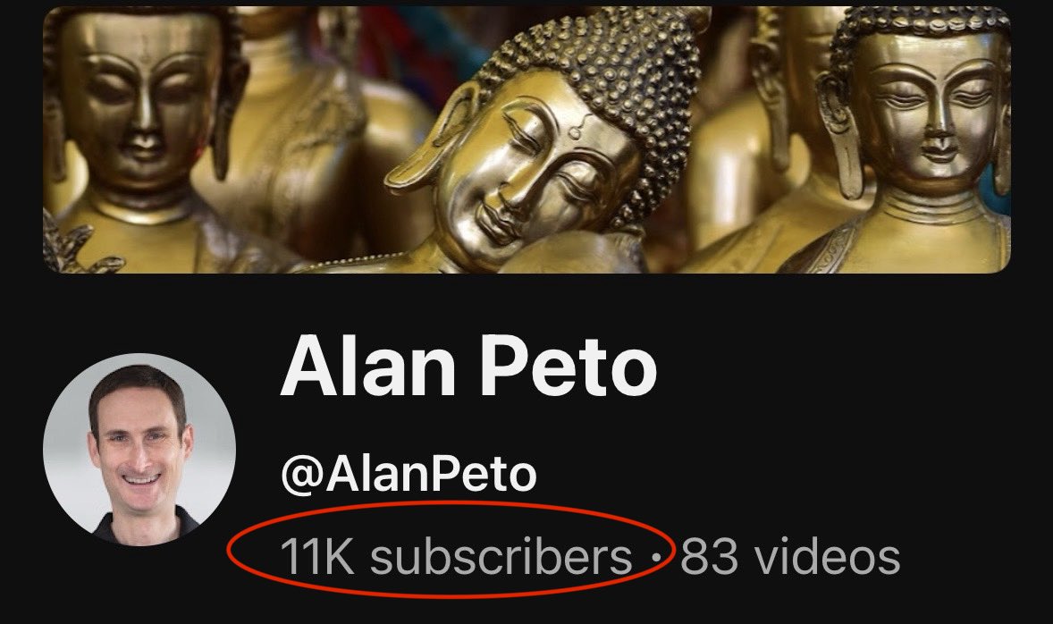 alanpeto's tweet photo. Just hit 11,000 subscribers on YouTube! Thank you!  Follow there for my Buddhism videos: https://t.co/FwmAQxrjZg https://t.co/bLjQbtU7FG