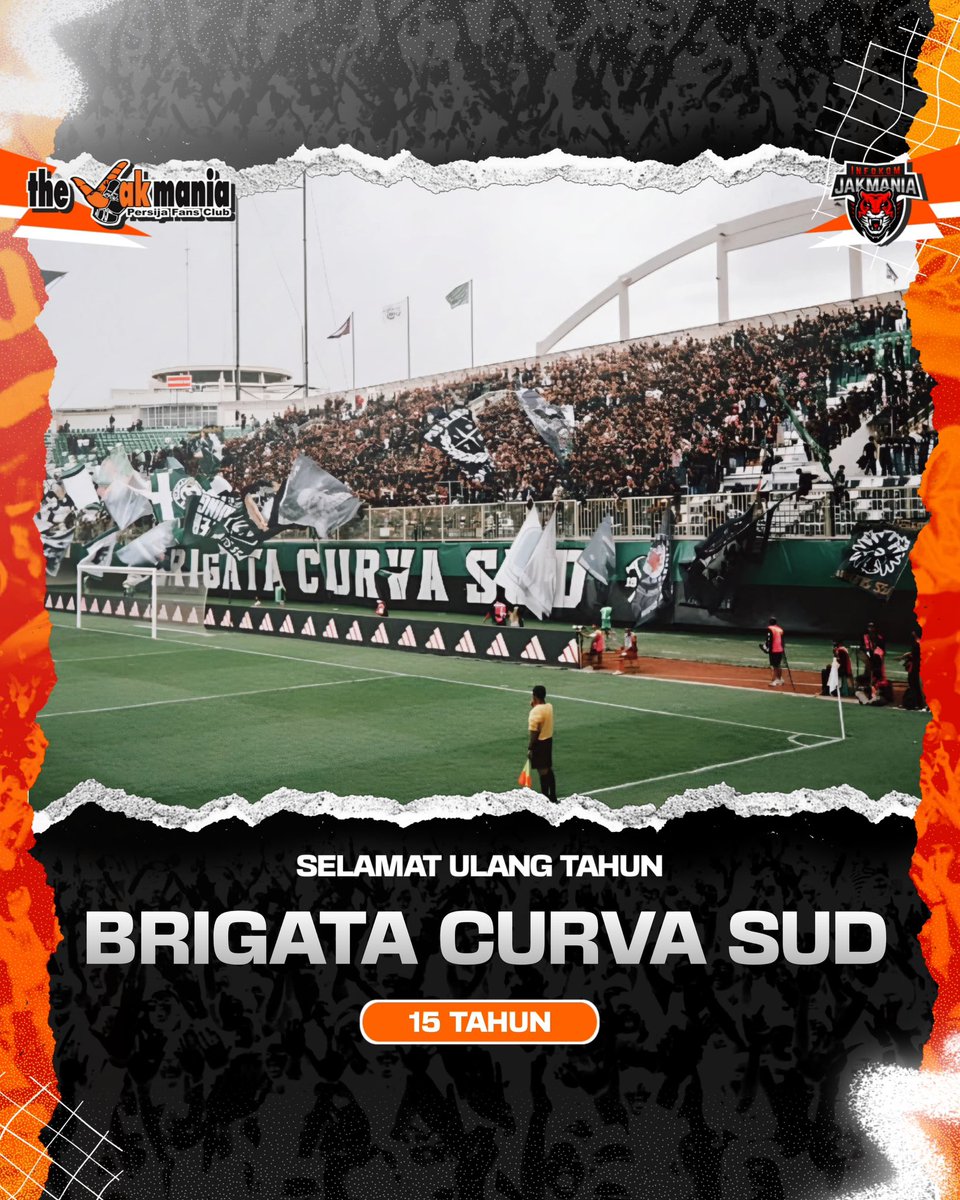 Selamat ulang tahun untuk Brigata Curva Sud yang ke-15 tahun.

Semoga senantiasa selalu solid dalam mendukung tim kebanggaannya dan semoga hubungan baik diantara the Jakmania &amp; Brigata Curva Sud terjalin baik untuk selamanya. 

Sajete dari Jakarta! 👆🧡💚
_
#InfokomJakmania