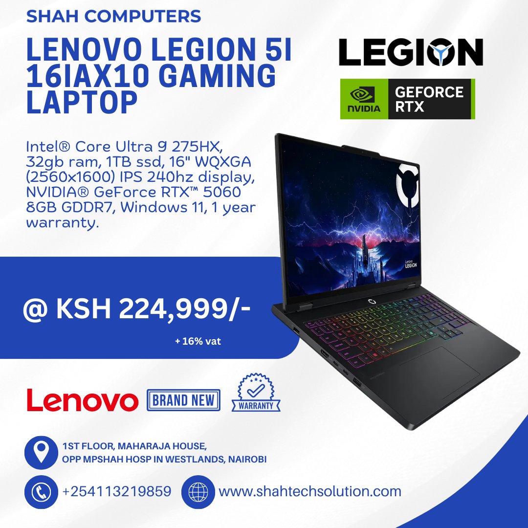 shahcomputers_'s tweet photo. Lenovo Legion 5i 16IAX10 Gaming Laptop now available in Nairobi.
Powered by Intel Core Ultra 9, RTX 5060 8GB, 240Hz WQXGA display, 32GB RAM & 1TB SSD — built for serious gaming, AI tasks, and content creation.
Price: KSh 224,999 + VAT
📍 Westlands, Nairobi
📞 +254 113 219 859
🌐 https://t.co/Cd7K6DeTpT