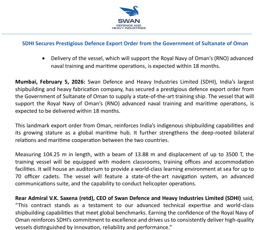 rahulkothari7's tweet photo. #SwanDefence Swan Defence.. Back to back Export Ship Building order wins.. this time defence from Oman.. Turnaround Story https://t.co/dicaK8DH2v