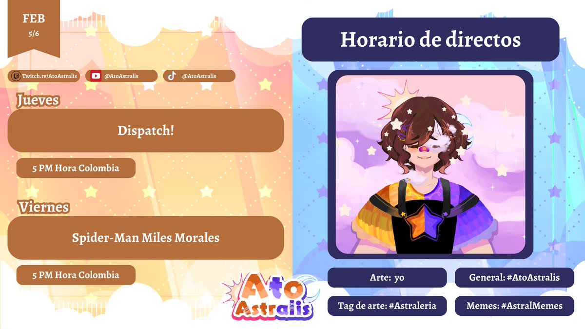 ☀Horario de directos🌙

Semana del 5-6 de febrero

☁Tags☁
⭐General - #AtoAstralis
⭐Arte - #Astraleria
⭐Memes - #AstralMemes
⭐Clips - #AtoClips