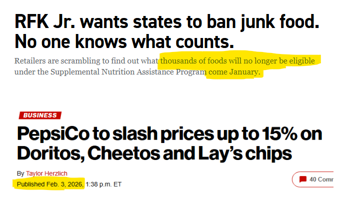 Jan 1, 2026: 18 states removed junk food and sodas from SNAP (food stamps) eligibility list.  

Feb 3, 2026: Pepsi (parent company) reduced prices on Doritos, Cheetos and Lay's chips by 15%.

Giving free stuff to illegals (and everyone) makes stuff more expensive for all of us.