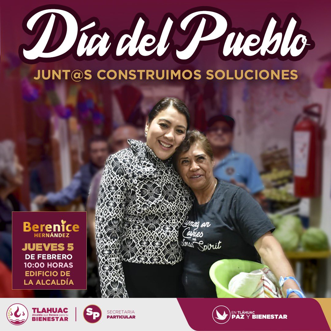 💖🤝 Día del Pueblo en Tláhuac 🤝💖

Este jueves  5 de febrero, a las 10:00 horas, te espero en el edificio de la Alcaldía para escucharte, dialogar contigo y construir soluciones juntas y juntos.

Tu voz importa, porque gobernar es escuchar y caminar de la mano del pueblo. 🤝
En
