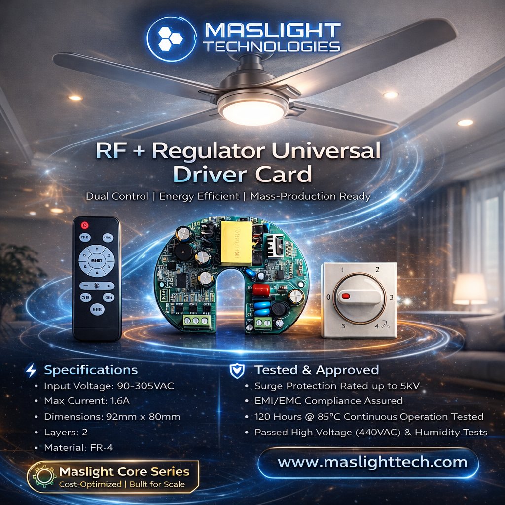 Maslights2021's tweet image. One card. Two controls. Maximum efficiency ⚡
 Maslight RF + Regulator Universal Driver Card
✔ Remote + Wall Control
✔ 90–305VAC | 1.6A
✔ Tested &amp;amp; Reliable
🌐 maslighttech.com
📞 +91 9205647799
#Maslight #BLDC #DualControl
#EnergyEfficient #SmartFans #SaveEnergy