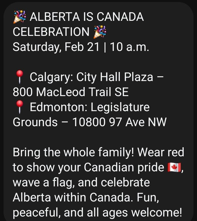 sytsema_andy's tweet image. 🎉 ALBERTA IS CANADA CELEBRATION 🎉

Join fellow proud #Albertans and #Canadians for a joyful, family-friendly gathering to celebrate our province's vital place within a strong and united Canada! This peaceful event is all about Canadian pride, community, and fun for all ages.
