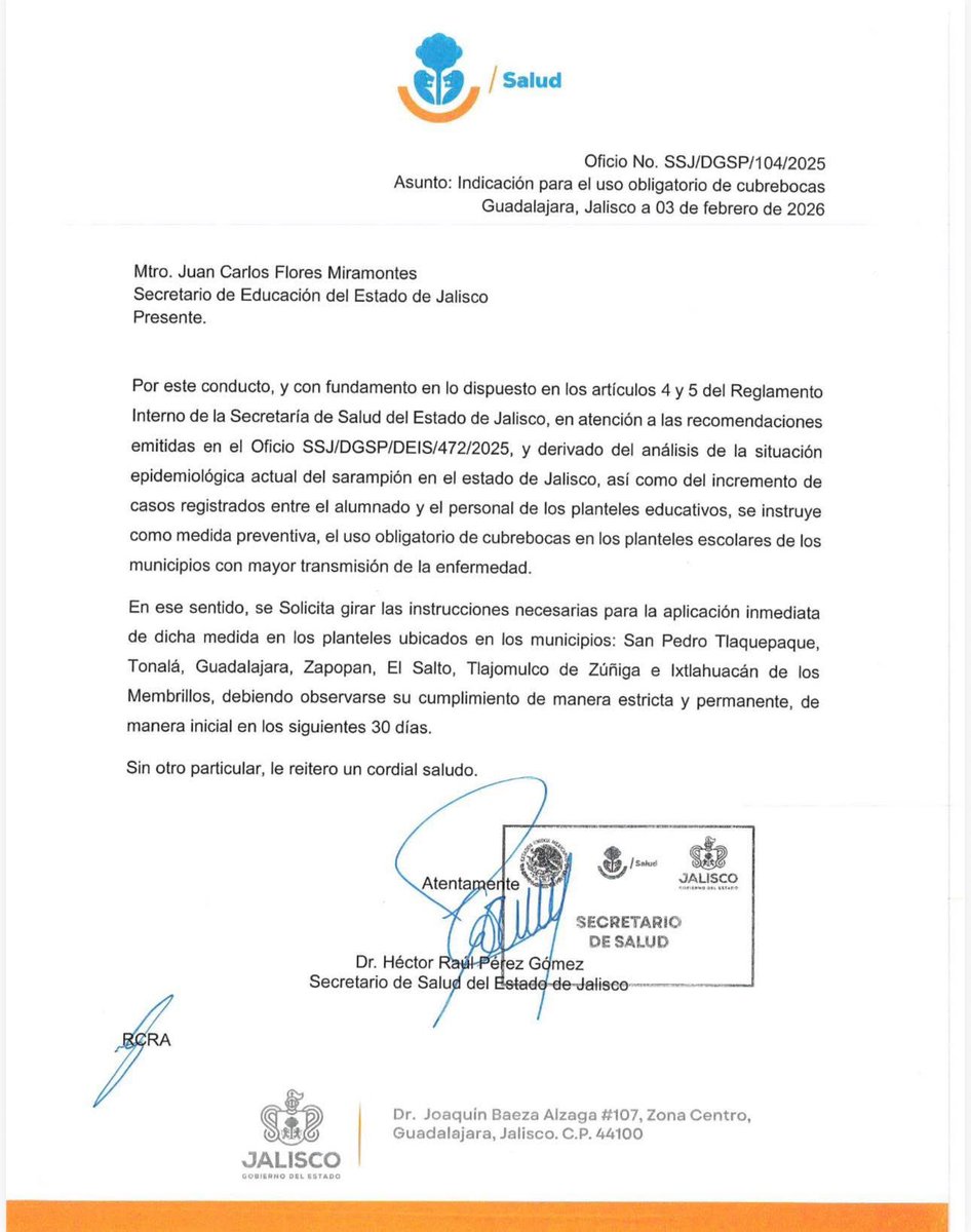 azucenau's tweet image. 🚨Alerta sanitaria en Jalisco: Ante el aumento de contagios de sarampión, el gobierno estatal decretó el uso obligatorio de cubrebocas en escuelas de la Zona Metropolitana de Guadalajara.