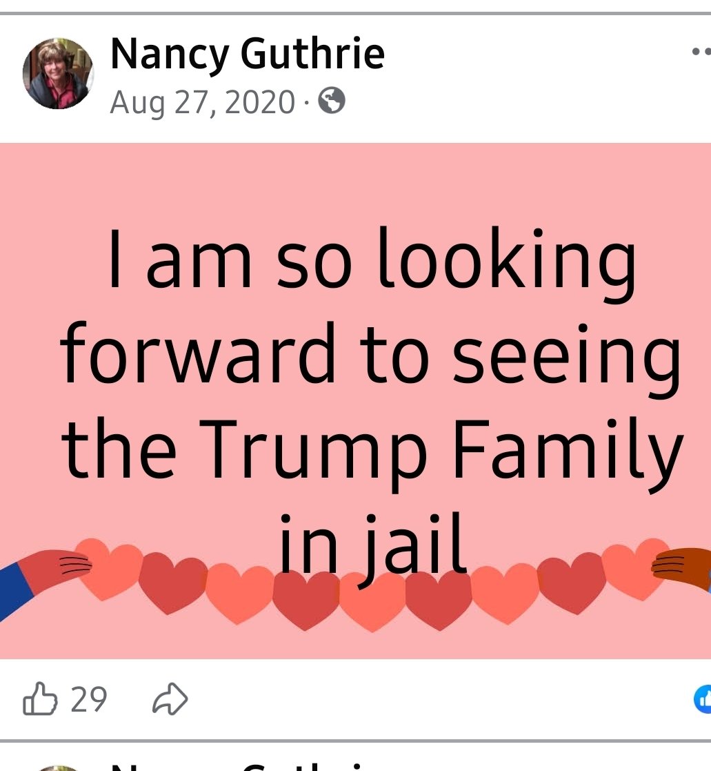 DiCali007's tweet photo. @LauraLoomer @SavannahGuthrie Seems Nancy Guthrie wasn't a fan either. That aside, I am sure they are appreciative of his efforts &amp; shows what kind of man Trump is. https://t.co/vbgXX8cxna