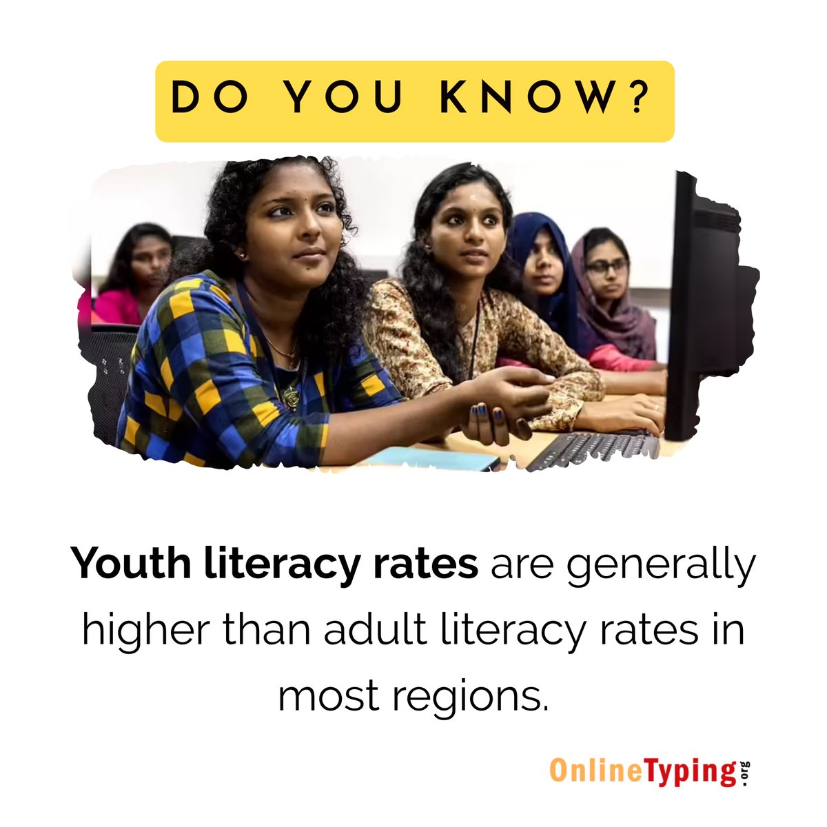 AnythingType's tweet photo. Youth literacy rates are generally higher than adult literacy rates in most regions.
To learn touch typing visit: https://t.co/I6pYvLlThx
#literacy #students #typing #keyboard #OnlineTyping #touchtyping #typingtutor #learning #education https://t.co/6KyzqOU62y