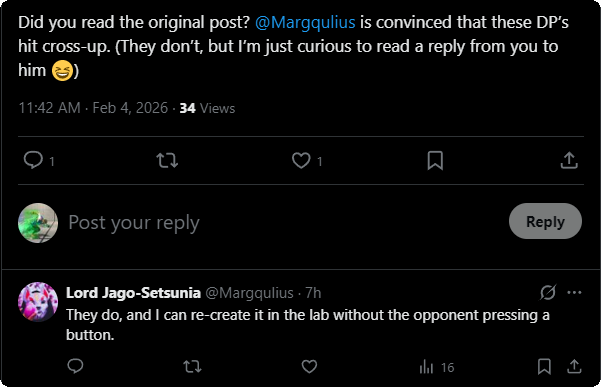 <a href="/Margqulius/">Lord Jago-Setsunia</a> Hatson says none of the anti air specials can hit cross-up. 
You quote him "Your wrong" with a video you used repeatedly to "prove" shoto dp can hit cross-up
Now you're saying you understand positioning.