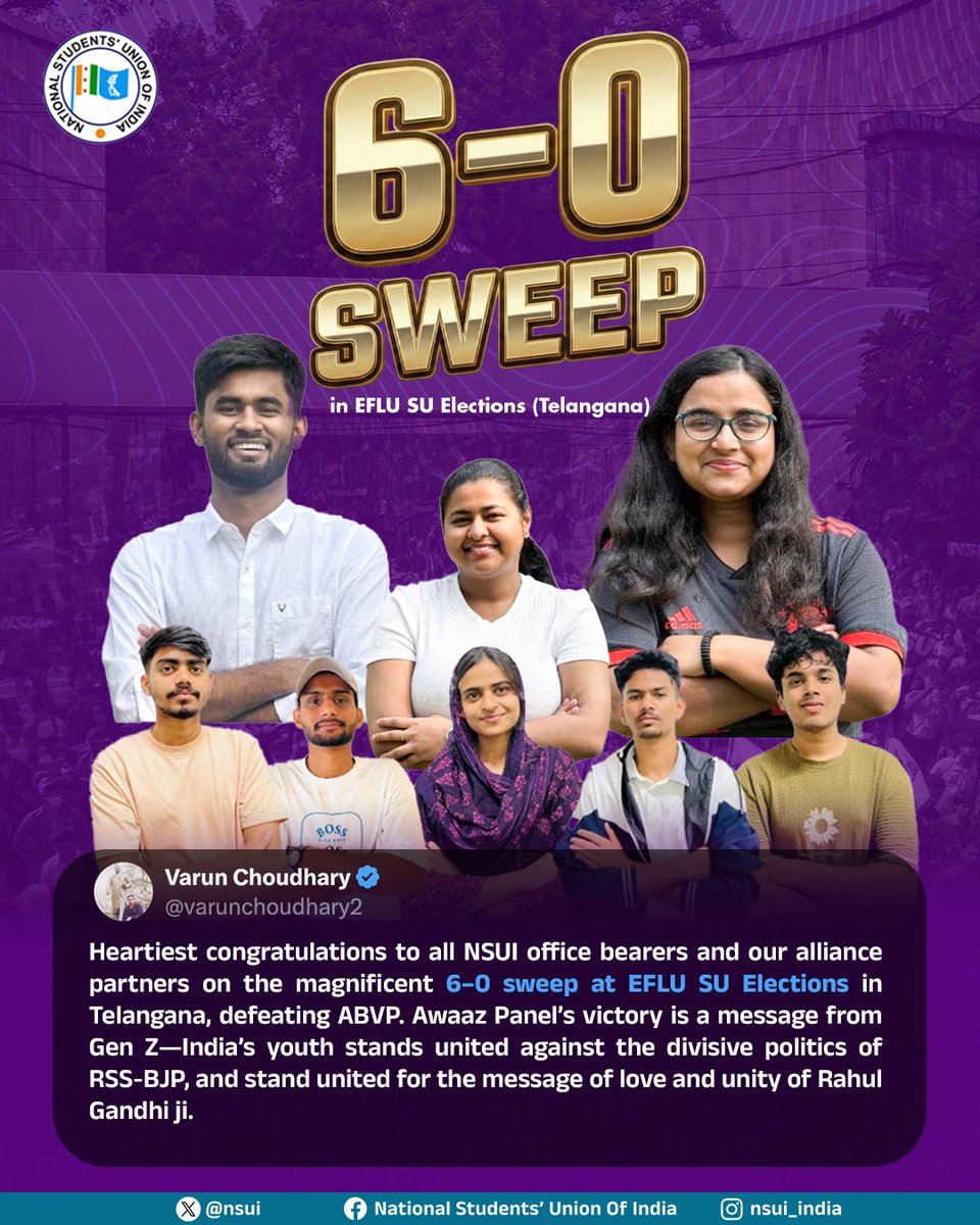 Congratulations to all NSUI office bearers and alliance partners on the emphatic 6–0 victory at the EFLU Student Union Elections in Telangana, defeating ABVP, under the leadership of NSUI President Shri Varun Choudhary.

This mandate from Gen Z reflects a clear choice - students