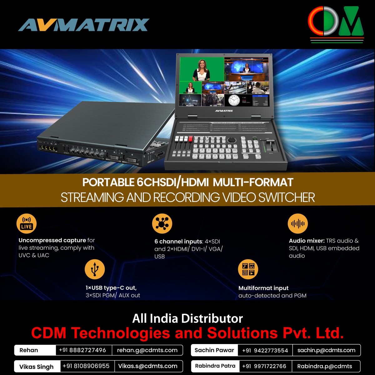 CDMTS's tweet photo. Av Matrix PVS0615U Portable 6CH SDI/HDMI Multi-format Streaming Switcher
Uncompressed capture for live streaming, comply with UVC &amp; UAC
Portable All-In-One design with 15.6 inch FHD LCD display for multiview
#Avmatrix
#Portable
#Multiformat
#Video
#Switcher https://t.co/EoejD5WTxH