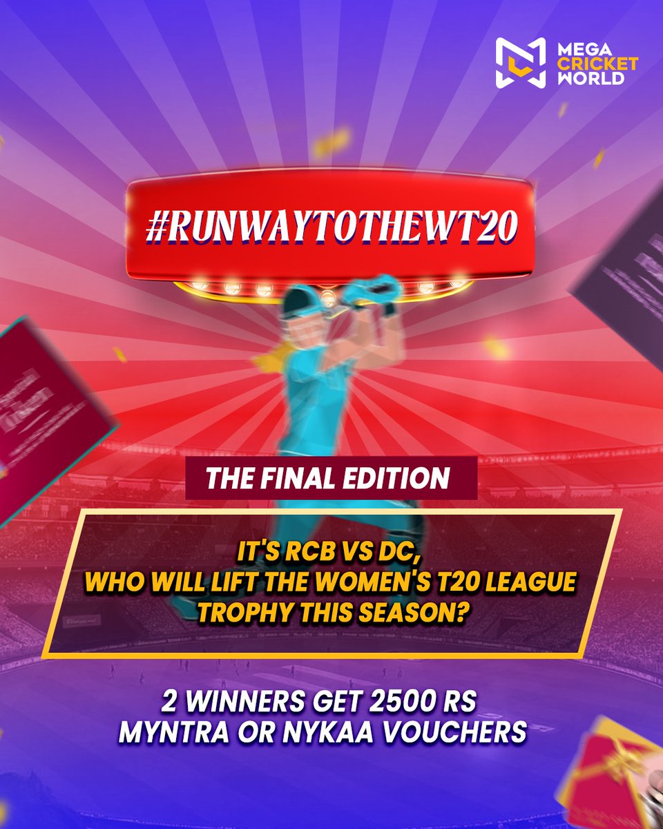mcworldsocial's tweet photo. Final call! 🚨
RCB vs DC, one last prediction before the trophy finds its home. Pick your winner, drop your answer, and stand a chance to win ₹2500 Myntra or Nykaa vouchers. Participate now, last day to enter! 🏆🔥

T&amp;C applied 

#RunwayToTheWT20 #WPLFinal #RCBvsDC https://t.co/nwusk3dnNk