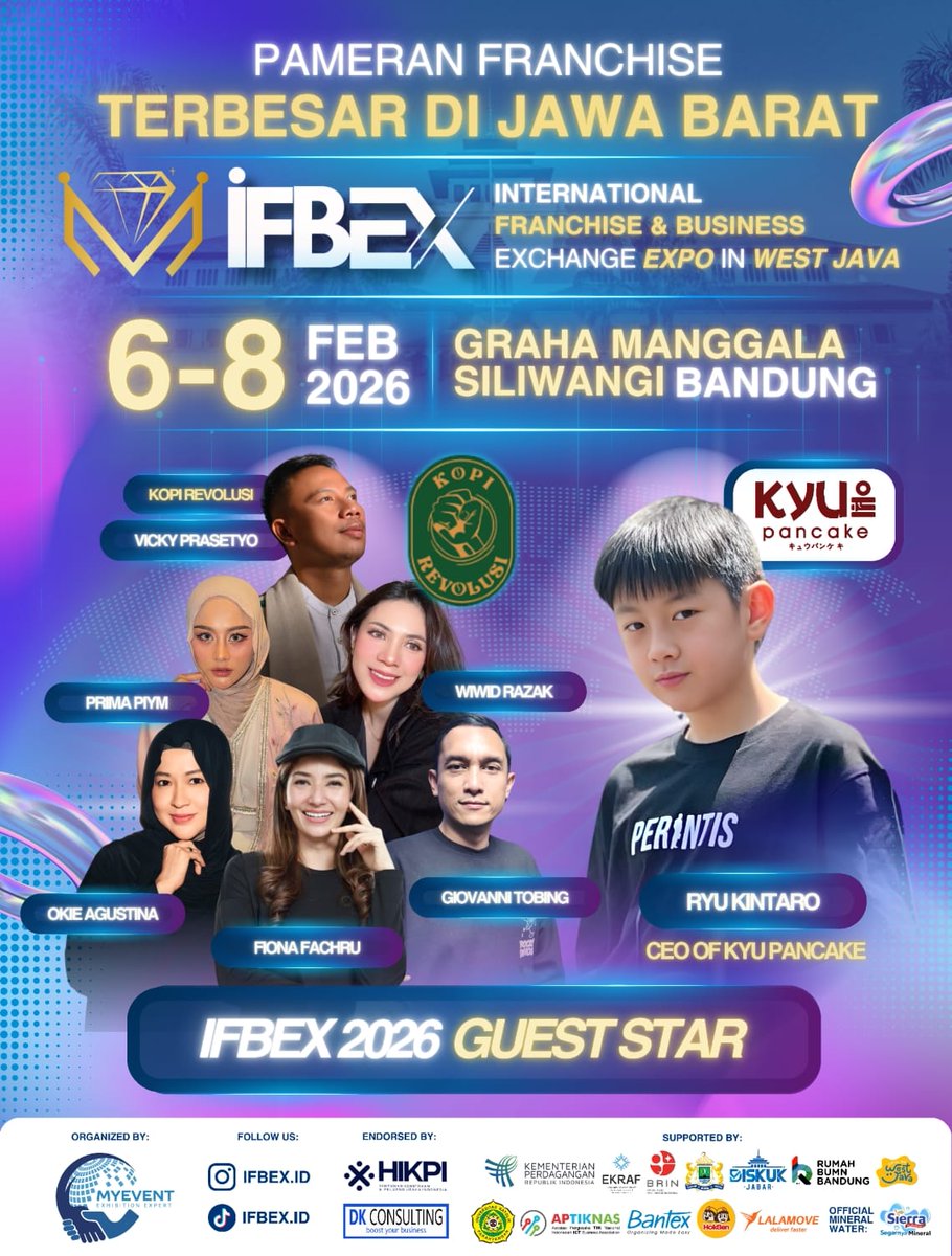 IFBEX Bandung 2026 menghadirkan 100+ brand ternama, edukasi bisnis GRATIS, promo hingga diskon 90% dan peluang usaha pilihan dengan spesial guest Ryu Kintaro
Catat tanggalnya 
📅 6–8 Februari 2026 
📷 Graha Manggala Siliwangi, Bandung 
Jangan sampai terlewat!  

#IFBEXBandung2026