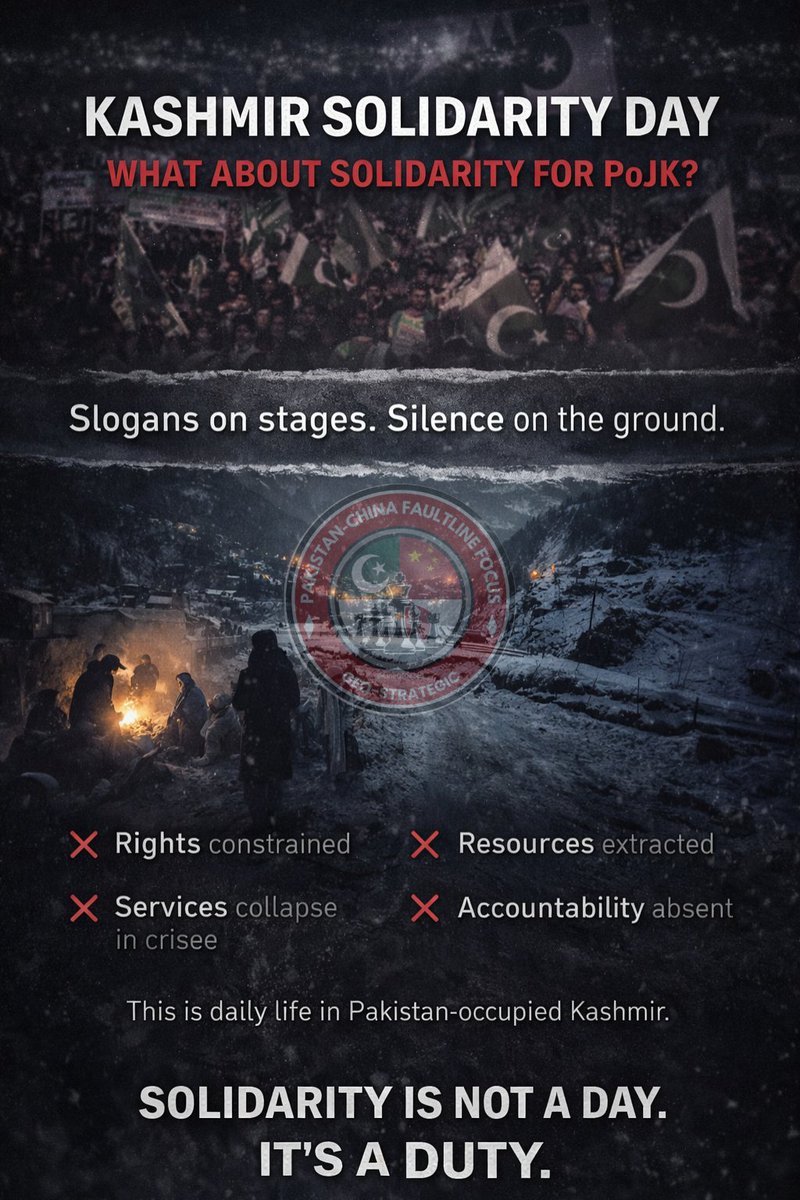 Kashmir Solidarity Day is marketed as compassion. In reality, it often functions as a strategic cover.

A way to project moral outrage outward while burying uncomfortable questions inside PoJK.

Because solidarity isn’t a parade.
Solidarity is what you do where you hold power.