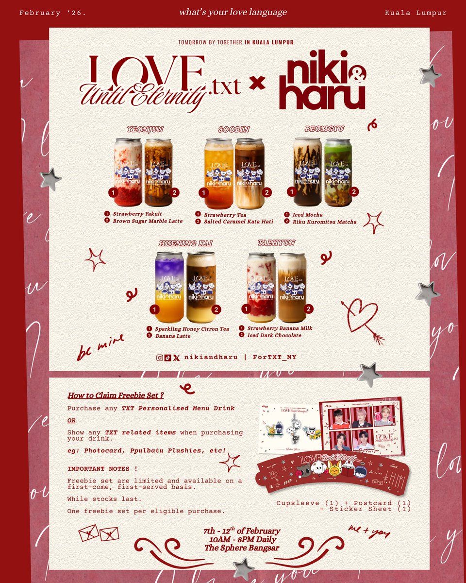 ForTXT_MY's tweet photo. #LoveUntilEternity ⋆𐙚₊˚⊹♡

Visit our Niki &amp; Haru Cafe Event and claim our exclusive #SongOfMYStars freebie sets by: 

1️⃣Ordering our TXT Personalised Menu 🍓☕️
2️⃣Show any TXT related item while purchasing 🌟

📍 The Sphere Bangsar 
🗓️ 7th ~ 12th February 
⏰ 10AM ~ 8PM daily https://t.co/CsVWHMchjk