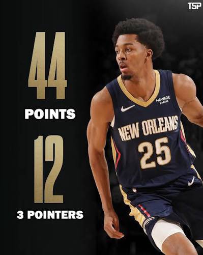 DNeckel19's tweet photo. Trey Murphy III tonight:

44 points

-NBA career high
-Most ever for a former UVA player

12 threes

-Pelicans record

#HoosintheNBA https://t.co/VHJW1Be6qz