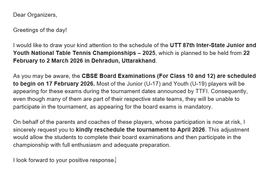 sachin_singla's tweet photo. @ttfitweet The announced dates for 87th InterState Junior/Youth National TT Championships coincide with the CBSE Board Exams for Classes 10 &amp; 12. Since these exams are mandatory, many players, despite being part of their state teams, will miss the tournament. KINDLY RESCHEDULE. https://t.co/vZxfwiyGTZ