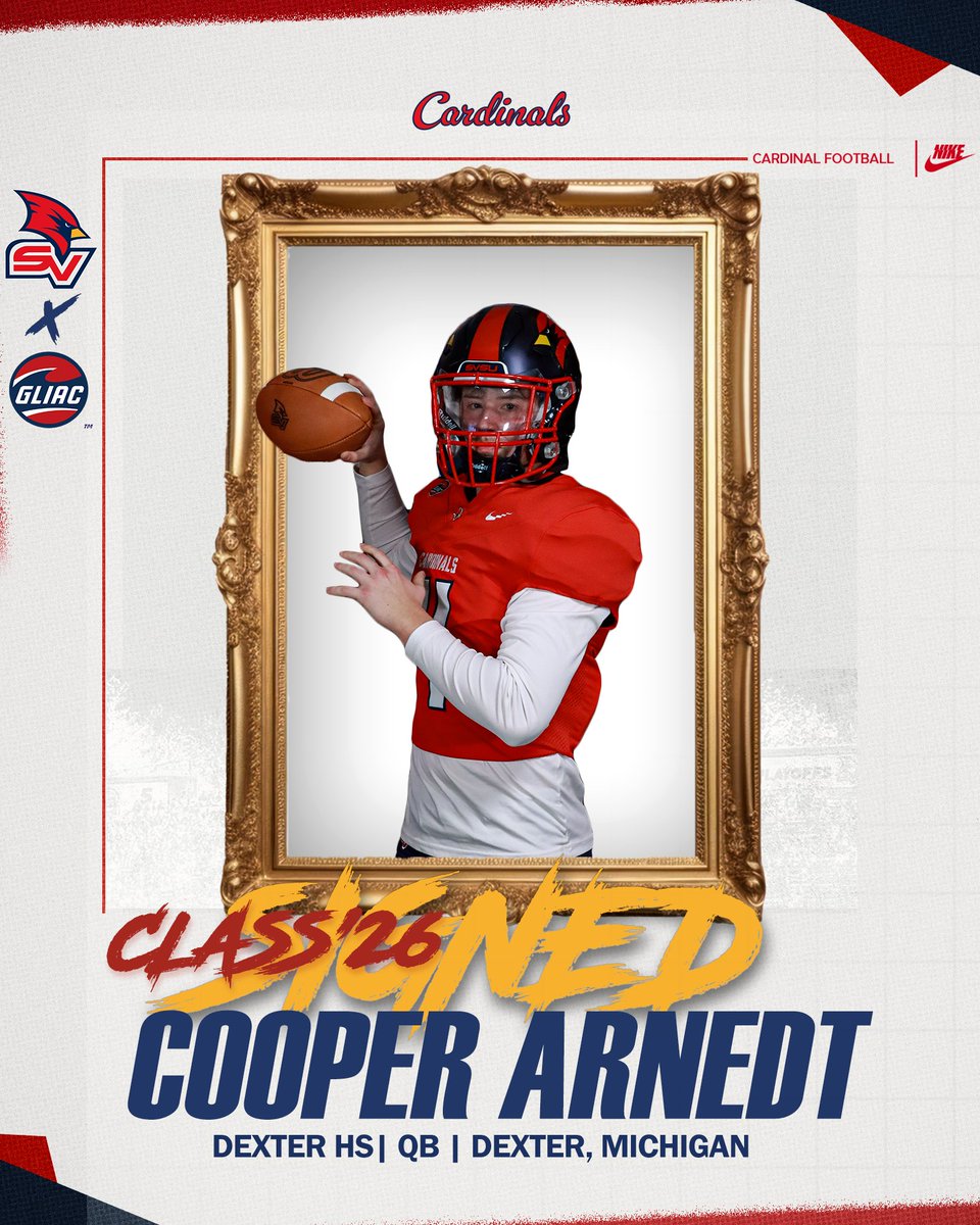 svsu_football's tweet photo. COOPER ARNEDT | QB | 5-11 | 180
Two-time first-team all-state and three-time all-region selection … set MHSAA single-season records for completions (268) and passing yards (4,537) as a senior ... his 53 TD passes rank second on the MHSAA single-season chart. #GoCards #GLIACFB https://t.co/53FDmjURX2